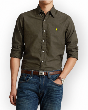 Camisa Polo Algodón Oxford Classic fit manga larga verde oscuro
