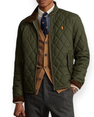 Chaqueta Polo Quilted para Hombre – Acolchada con Cierre y Cuello de Pana - Verde Oliva